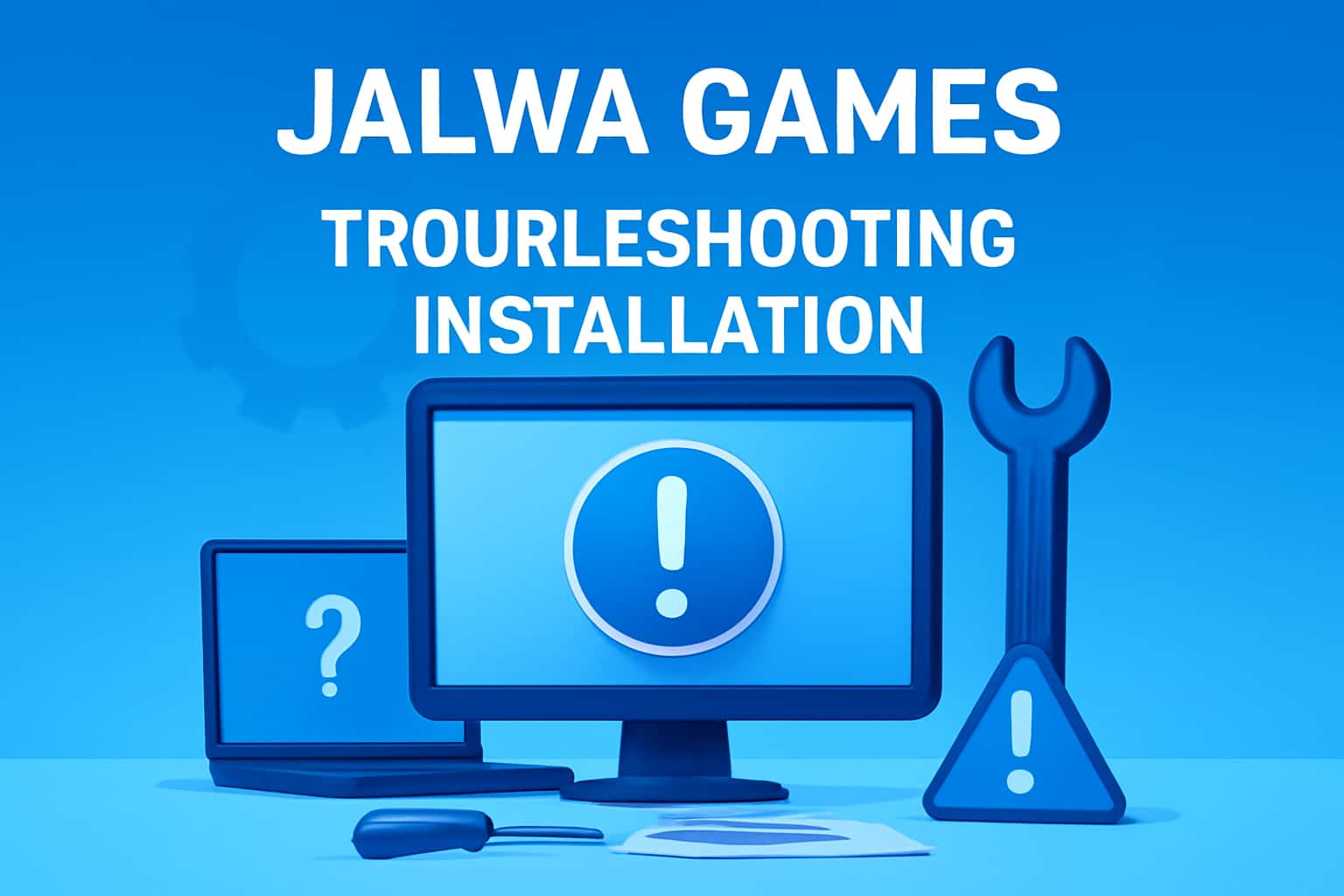 A detailed scene depicting troubleshooting installation issues for Jalwa Games.